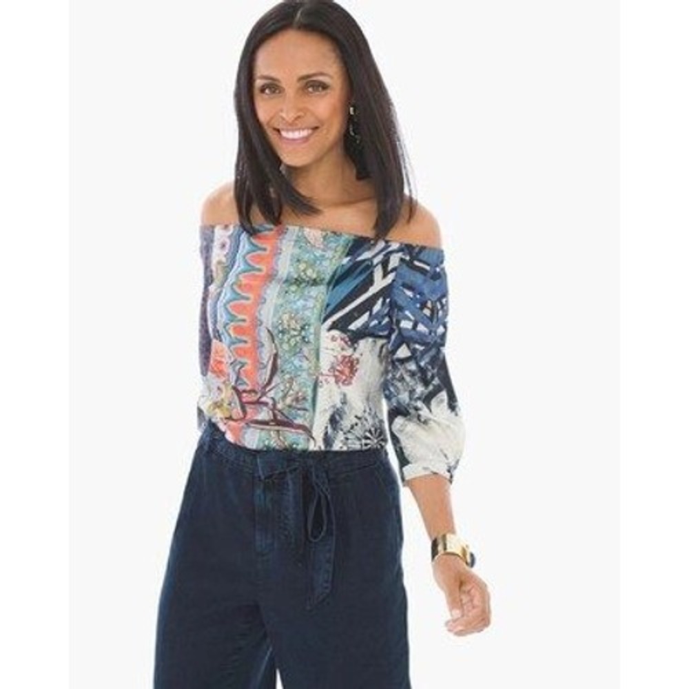 Chicos Floral Mix Off The Shoulder Top Size 2 US Large Blue Green Womens Boho